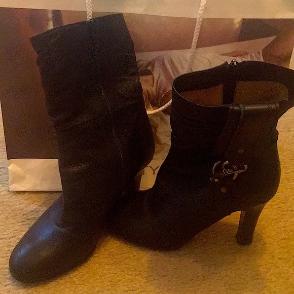 Coach Brass Buckle Black Leather Ankle Boots - Picture 1 of 5